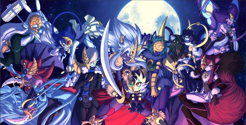 6+girls animal_ears bad_id bad_link bad_twitter_id black_hair blue_hair blue_skin body_markings butler butterfly_girl butterfly_wings cat_ears cat_girl cat_tail colored_skin dancer dark-skinned_female dark_skin duel_monster fox_ears fox_girl fox_tail full_moon green_hair green_skin hair_over_eyes insect_wings long_hair lunalight_black_sheep lunalight_blue_cat lunalight_cat_dancer lunalight_crimson_fox lunalight_leo_dancer lunalight_panther_dancer lunalight_purple_butterfly lunalight_tiger lunalight_white_rabbit lunalight_wolf mask moon multiple_girls night night_sky outdoors panther_ears panther_girl panther_tail pink_skin purple_skin rabbit_ears rabbit_girl red_hair showgirl_skirt sky tail tiger_ears tiger_girl tiger_tail weapon white_hair white_skin wings wolf_ears wolf_girl yu-gi-oh!