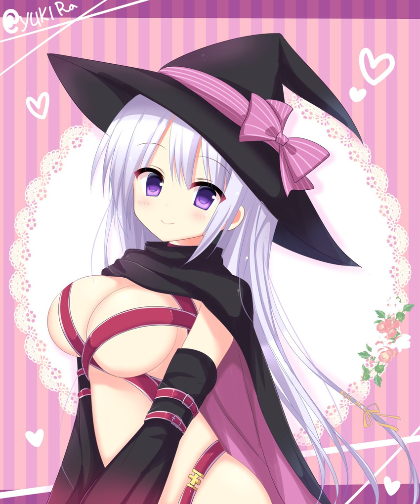 ayachi_nene bow breasts commentary_request detached_sleeves female hat hat_ribbon highres kuze_matsuri long_hair looking_at_viewer medium_breasts purple_eyes ribbon sanoba_witch silver_hair solo witch_hat