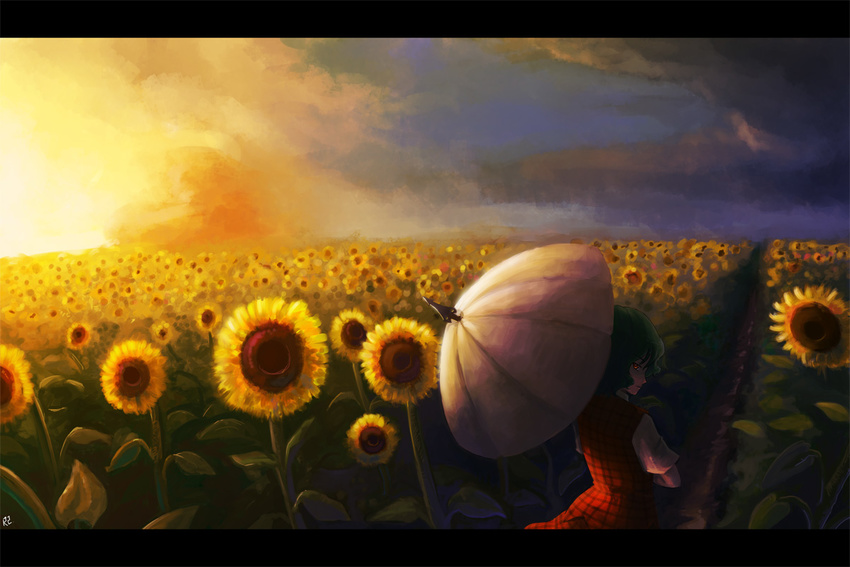 bad_id bad_pixiv_id cloud female field flower flower_field from_behind glowing glowing_eye green_hair kazami_yuuka letterboxed looking_back photoshop_(medium) plaid plaid_skirt plaid_vest r2sais red_eyes short_hair skirt skirt_set solo sunflower sunflower_field sunset touhou umbrella vest