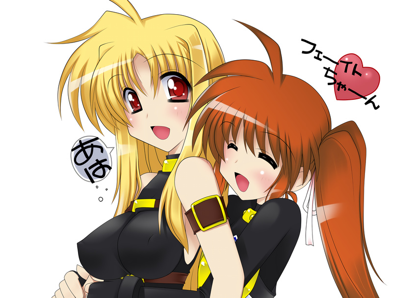 2girls barrier_jacket blonde_hair breasts brown_hair closed_eyes couple fate_testarossa hair_ornament happy heart hug hug_from_behind long_hair looking_at_another lyrical_nanoha mahou_shoujo_lyrical_nanoha mahou_shoujo_lyrical_nanoha_strikers mahou_shoujo_lyrical_nanoha_vivid multiple_girls open_mouth red_eyes ribbon side_ponytail smile takamachi_nanoha translation_request yuri zero