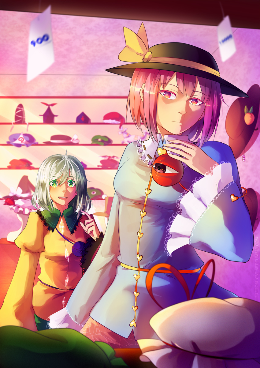 2girls aki_minoriko alternate_headwear animal_hat chen commentary doremy_sweet english_commentary euphori_cat eyeball food fruit green_eyes green_hair green_skirt hat hat_ribbon heart highres hinanawi_tenshi hong_meiling kamishirasawa_keine kirisame_marisa komeiji_koishi komeiji_satori long_sleeves looking_at_another looking_at_viewer mob_cap mononobe_no_futo moriya_suwako multiple_girls mystia_lorelei nurse_cap peach pink_hair puffy_sleeves red_eyes remilia_scarlet ribbon saigyouji_yuyuko santa_hat shirt siblings sisters skirt smile star_(symbol) string tate_eboshi third_eye touhou triangular_headpiece upper_body usami_renko wide_sleeves witch_hat yagokoro_eirin yakumo_ran yakumo_yukari