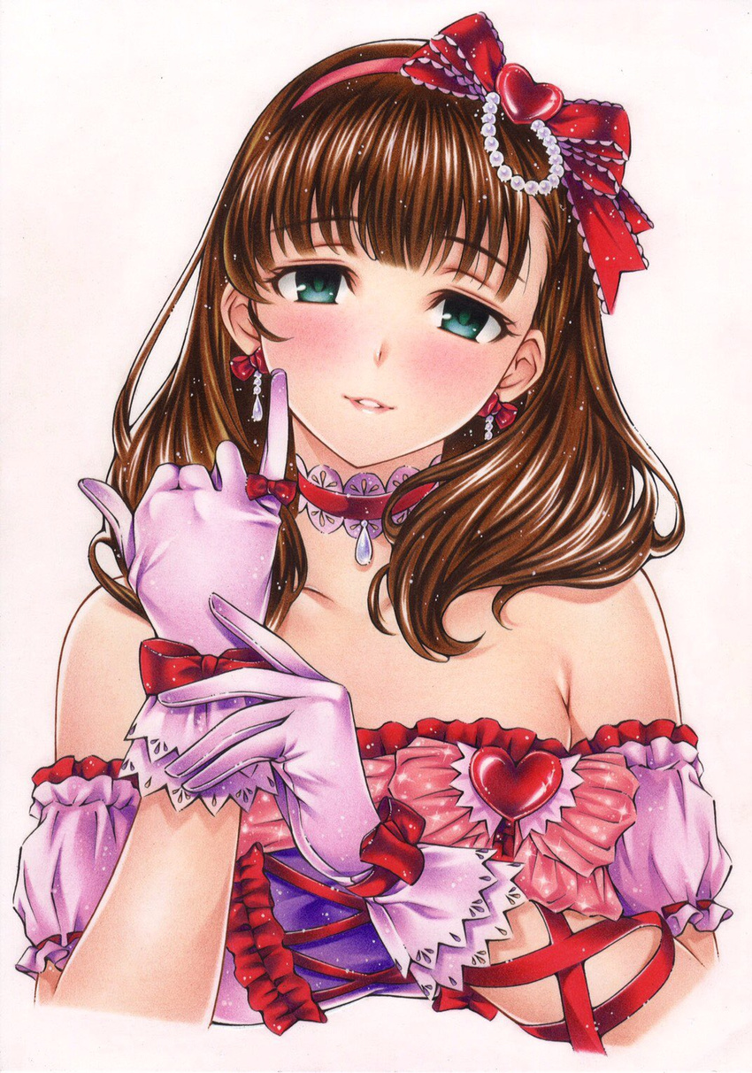 arm_ribbon bad_id bad_twitter_id bare_shoulders beads blush bow bow_earrings brown_hair choker collarbone colored_pencil_(medium) commentary_request cross-laced_clothes dress earrings female glove_bow gloves green_eyes hair_ornament hairband hairbow head_tilt heart heart_hair_ornament highres idolmaster idolmaster_cinderella_girls idolmaster_cinderella_girls_starlight_stage inuono_mama jewelry lace lace-trimmed_choker lace-trimmed_gloves lace_trim looking_at_viewer parted_lips pendant pink_dress pink_gloves pinky_out puffy_short_sleeves puffy_sleeves red_bow red_ribbon ribbon sakuma_mayu short_sleeves signature simple_background smile solo traditional_media upper_body white_background