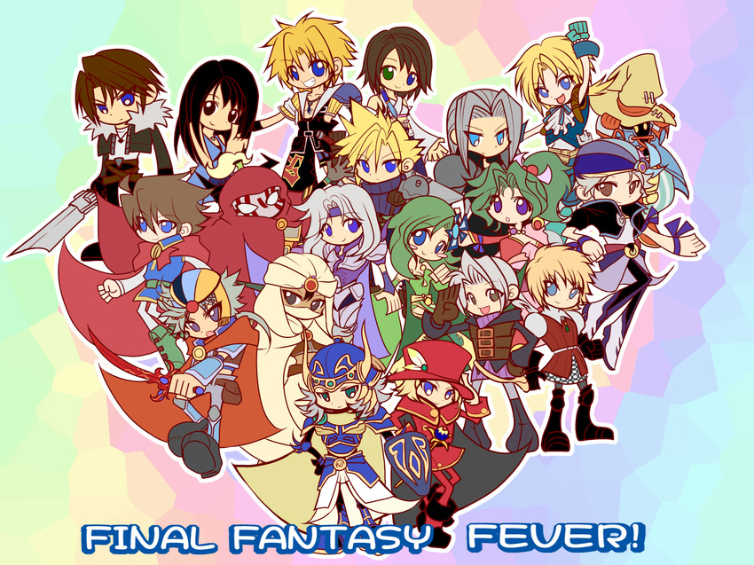 armor bare_shoulders black_hair blonde_hair blue_eyes brown_eyes brown_hair butz_klauser cape cecil_harvey chibi chona cloud_strife dissidia_final_fantasy earrings female final_fantasy final_fantasy_5 final_fantasy_ii final_fantasy_iii final_fantasy_iv final_fantasy_ix final_fantasy_vi final_fantasy_vii final_fantasy_viii final_fantasy_x frioniel gilgamesh gilgamesh_(final_fantasy) gloves gray_eyes green_eyes green_hair grey_eyes gunblade hat heterochromia highres ingus jewelry lock_cole locke_cole luneth male midriff ming-wu ponytail rinoa_heartilly robe rydia sephiroth shield short_hair silver_hair squall_leonhart sword tidus tina_branford top_hat turban vivi_ornitier warrior_of_light weapon yuna zidane_tribal