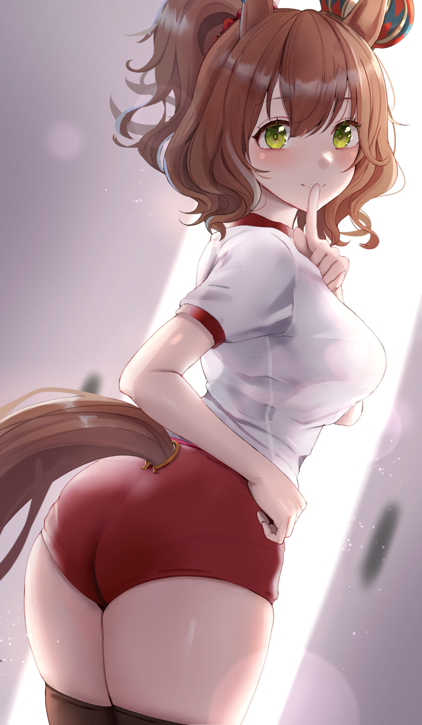 absurdres animal_ears ass aston_machan_(umamusume) black_thighhighs blush breasts brown_hair buruma closed_mouth cowboy_shot crown female finger_to_mouth from_behind green_eyes highres horse_ears horse_girl horse_tail lens_flare looking_at_viewer looking_back medium_breasts medium_hair original_race_uniform_(umamusume) ponytail shirt short_sleeves shushing skindentation smile solo standing tail tail_through_clothes thighhighs umamusume white_shirt yami_anko