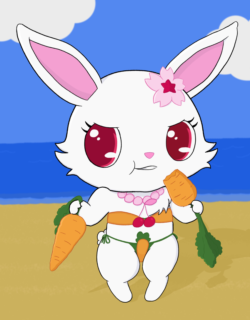 absurd_res accessory anthro beach bikini carrot cherry cherry_blossom clothing eating eyelashes female flower food fruit fur hare hi_res holding_carrot holding_food holding_object holding_vegetable japanese_hare jewelpet jewelry lagomorph leporid mammal masterlinkx necklace plant prunus_(flower) rabbit red_eyes ruby_(jewelpet) sanrio scut_tail seaside sega sega_fave short_tail side-tie_bikini side-tie_clothing side-tie_swimwear smug solo strapless_bikini strapless_clothing strapless_swimwear string_bikini swimwear tail vegetable white_body white_fur young