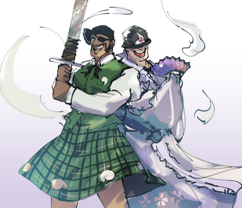 2boys :d aerokinesis bad_id bad_twitter_id beanie black_headwear collared_shirt commentary cosplay crossdressing dark-skinned_male dark_skin demoman_(tf2) english_commentary eyelander eyepatch facial_hair floral_print folding_fan gradient_background green_skirt green_vest grey_kimono hand_fan hat hat_over_eyes highres hitodama_print holding holding_sword holding_weapon japanese_clothes juliet_sleeves kimono konpaku_youmu konpaku_youmu_(cosplay) konpaku_youmu_(ghost) long_sleeves looking_at_viewer male_focus moustache multiple_boys mutton_chops obi open_mouth print_kimono puffy_sleeves purple_background saigyouji_yuyuko saigyouji_yuyuko_(cosplay) sash sdz_(inazuma) shirt skirt sleeves_past_fingers sleeves_past_wrists smile soldier_(tf2) standing sword team_fortress_2 teeth touhou triangular_headpiece two-handed two-handed_sword upper_teeth_only vest weapon white_background white_shirt wide_sleeves wind