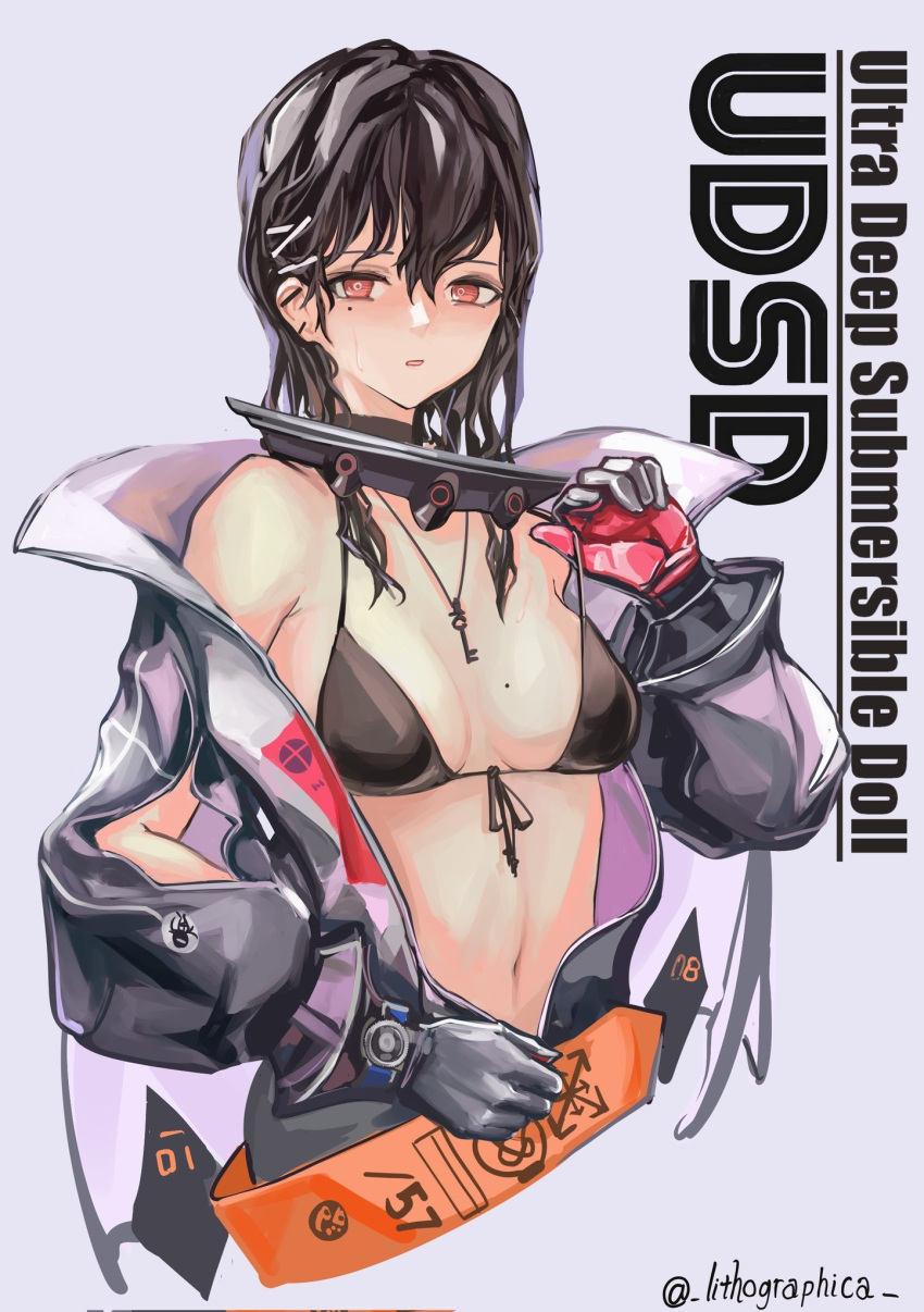 bare_shoulders bikini bikini_top_only black_bikini bodysuit breasts brown_hair check_commentary collar commentary commentary_request diving_suit dry_suit ear_piercing english_text female girls'_frontline girls'_frontline_neural_cloud gloves hair_between_eyes hair_ornament hairclip hatsuchiri_(neural_cloud) highres jewelry key key_necklace lithographica long_hair looking_at_viewer medium_breasts metal_collar mole mole_on_breast mole_under_eye navel necklace off_shoulder open_wetsuit parted_lips piercing red_eyes simple_background solo swimsuit twitter_username upper_body wet wet_hair wetsuit