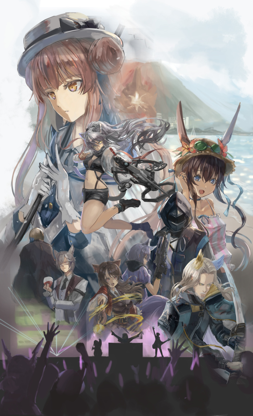 1other 2boys 5girls alty_(arknights) ambiguous_gender amiya_(arknights) animal_ears arknights blue_eyes blue_feathers bow_(weapon) brown_hair cat_ears cat_tail ceylon_(arknights) cronin_(arknights) crossbow d.d.d._(arknights) doctor_(arknights) emperor_(arknights) feather_hair feathers gloves grey_hair hat hat_ribbon head_wings hellagur_(arknights) highres hood jacket long_hair mask midriff multiple_boys multiple_girls pink_hair provence_(arknights) purple_hair rabbit_ears ribbon schwarz_(arknights) short_hair skyfire_(arknights) straw_hat sword tail thighs uutan_(shibainu_kakumei) weapon white_hair wings wolf_ears wolf_tail yellow_eyes