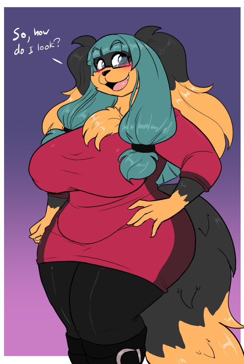 anthro big_breasts blush breasts canid canine canis clothed clothing curvy_figure dialogue domestic_dog english_text eyewear female glasses hi_res jwinkz mammal simple_background solo text thick_thighs voluptuous wide_hips zoey_(jwinkz)