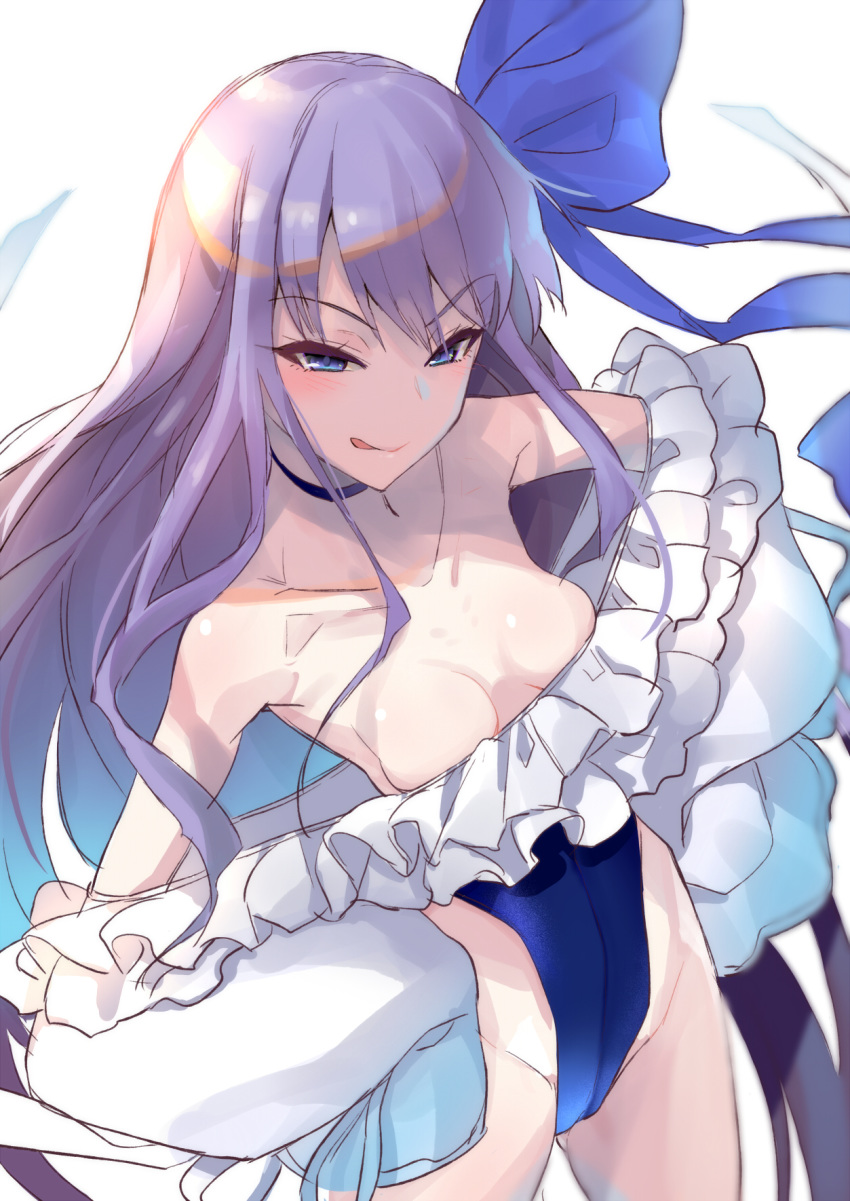 bare_shoulders blue_eyes blue_ribbon blush breasts choker closed_mouth collarbone fate/grand_order fate_(series) female frills hair_ribbon hands_on_own_hips highleg highleg_swimsuit highres kiyu_rei licking_lips long_hair long_sleeves looking_at_viewer meltryllis_(fate) meltryllis_(swimsuit_lancer)_(fate) meltryllis_(swimsuit_lancer)_(second_ascension)_(fate) off-shoulder_one-piece_swimsuit off_shoulder one-piece_swimsuit puffy_sleeves purple_hair ribbon simple_background sleeves_past_fingers sleeves_past_wrists small_breasts smile swimsuit thighs tongue tongue_out very_long_hair white_background white_ribbon