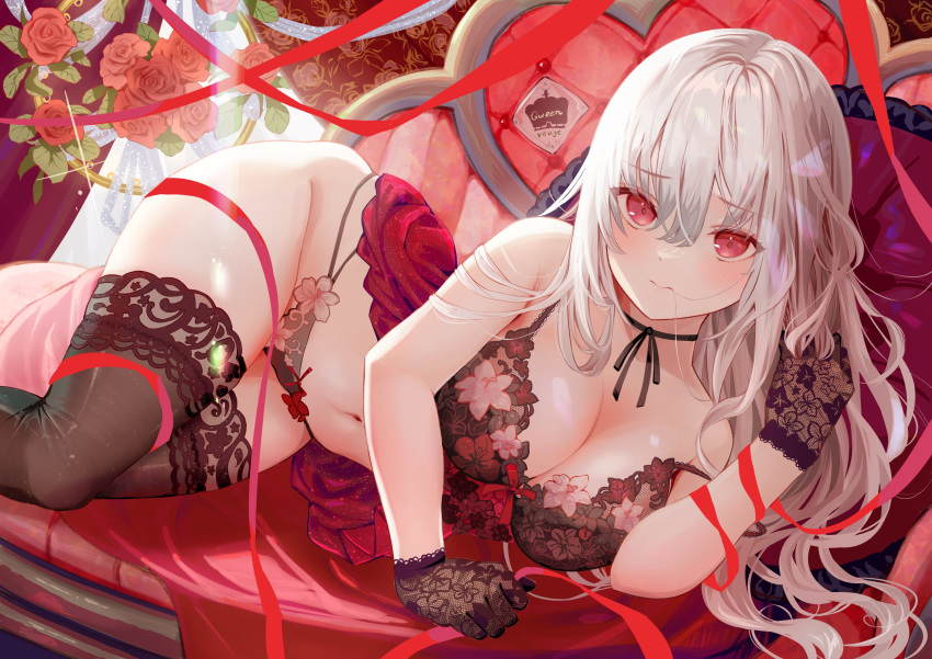 absurdres albino bare_arms bare_shoulders black_bra black_choker black_gloves black_panties black_thighhighs bow bow_bra bra breasts choker cleavage commentary_request couch dutch_angle english_text feet_out_of_frame female floral_print flower gloves grey_hair hair_between_eyes hair_in_own_mouth highres holding holding_ribbon ito_lab lace lace-trimmed_bra lace_gloves lace_trim large_breasts leaf long_hair looking_at_viewer loose_hair_strand lying multi-strapped_panties navel neck_ribbon on_couch on_side original panties print_bra print_panties red_bow red_eyes red_flower red_ribbon red_rose ribbon rose see-through see-through_gloves solo stomach strap_slip string_panties thighhighs thighs underwear underwear_only