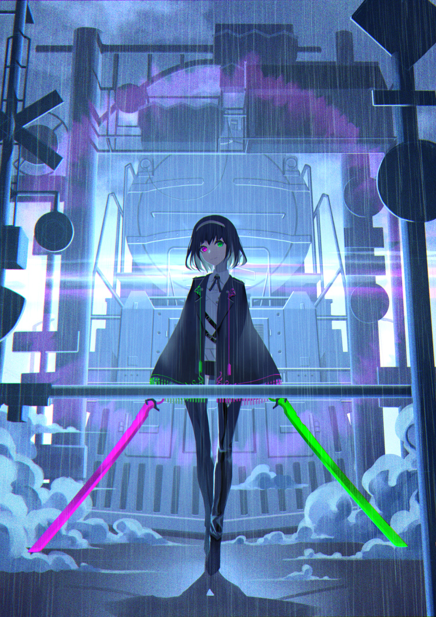 bad_id bad_pixiv_id black_footwear black_hair black_jacket boots collared_shirt dual_wielding female fog green_eyes headband heterochromia highres holding holding_sword holding_weapon jacket original outdoors purple_eyes rain shirt short_hair smile solo sword thigh_boots thighhighs train tsuki-shigure weapon white_shirt