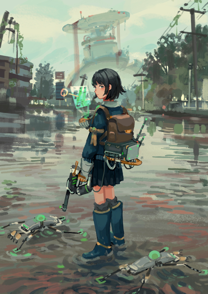 absurdres backpack bag black_hair black_skirt blue_eyes blue_footwear blue_jacket boots building closed_mouth commentary_request drone female flood full_body gloves grey_gloves highres holding holding_weapon holographic_interface jacket katakai knee_boots looking_at_viewer looking_back non-humanoid_robot original outdoors pleated_skirt post-apocalypse power_lines robot rubber_boots short_hair skirt solo utility_pole water weapon