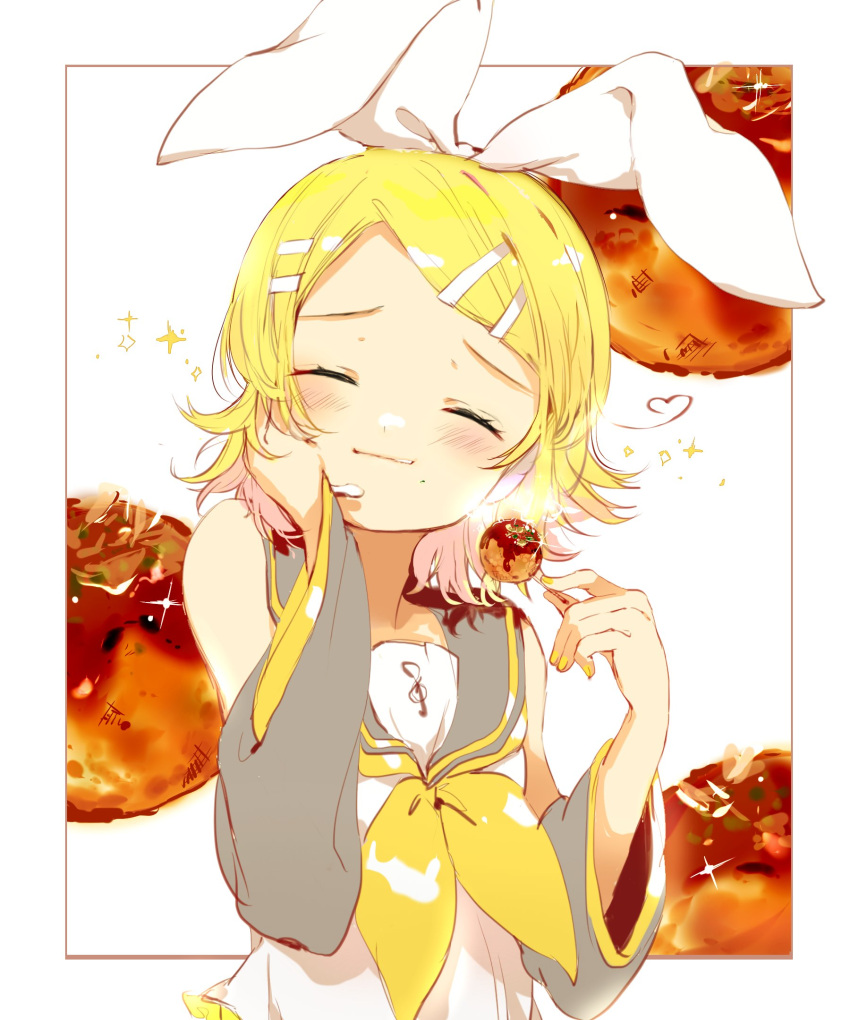 arm_warmers bare_shoulders blonde_hair blush bow commentary eating female food furrowed_brow grey_sailor_collar grey_sleeves hair_ornament hairbow hairclip hand_on_own_cheek hand_on_own_face hands_up happy highres holding holding_food kagamine_rin oyamada_gamata sailor_collar school_uniform shirt short_hair sleeveless sleeveless_shirt solo sparkle swept_bangs takoyaki treble_clef upper_body vocaloid white_background white_bow white_shirt