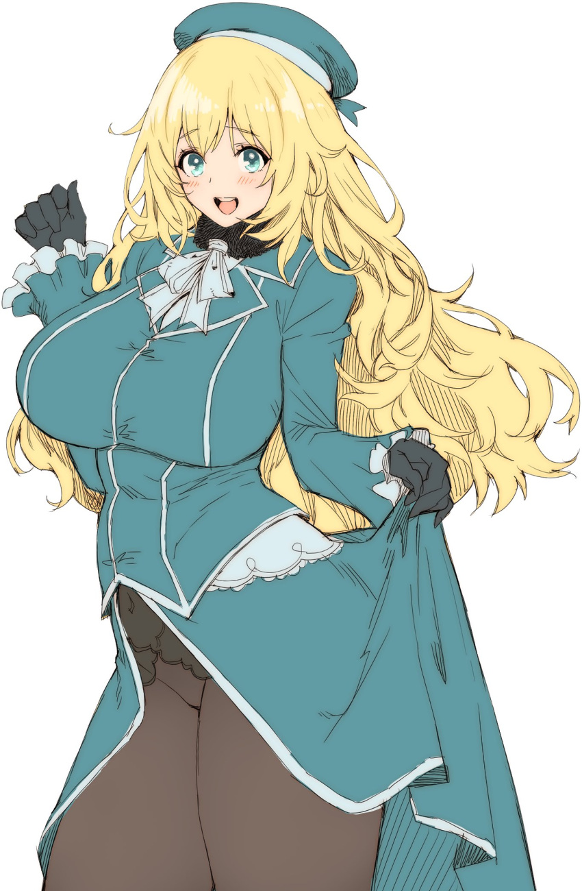 aqua_eyes atago_(kancolle) beret black_gloves black_pantyhose blonde_hair blue_hat blush breasts female gloves hat highres kantai_collection large_breasts long_hair long_sleeves looking_at_viewer open_mouth pantyhose simple_background solo teeth uniform upper_teeth_only very_long_hair white_background whoosaku