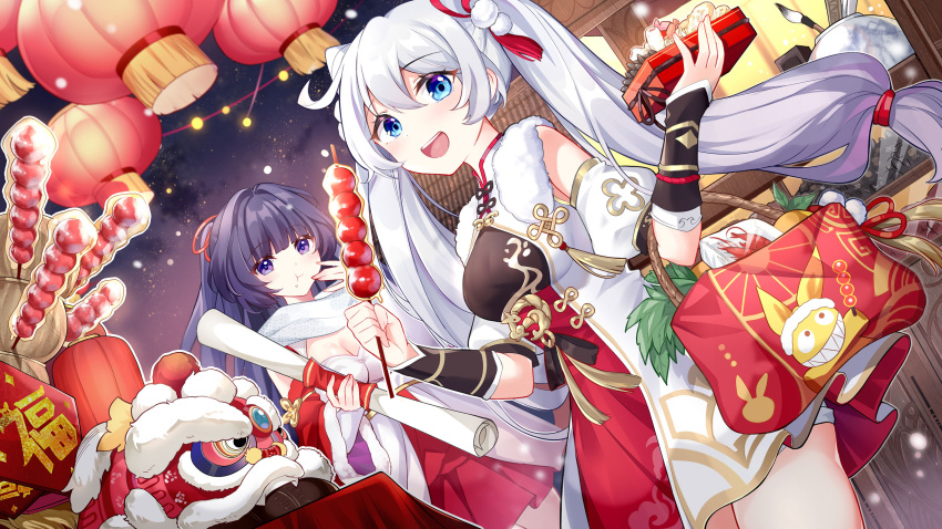 2girls :d antenna_hair bag blue_eyes breasts china_dress chinese_clothes chinese_new_year cleavage closed_mouth double_bun dress eating food gou_lianlian_dogface hair_between_eyes hair_bun highres holding holding_food holding_scroll homu_(honkai_impact) honkai_(series) honkai_impact_3rd kiana_kaslana kiana_kaslana_(divine_prayer) lantern long_hair looking_at_viewer multiple_girls new_year night night_sky open_mouth outdoors ponytail purple_eyes purple_hair raiden_mei scroll shanzha_(fruit) shopping_bag sky smile star_(sky) tanghulu twintails white_hair