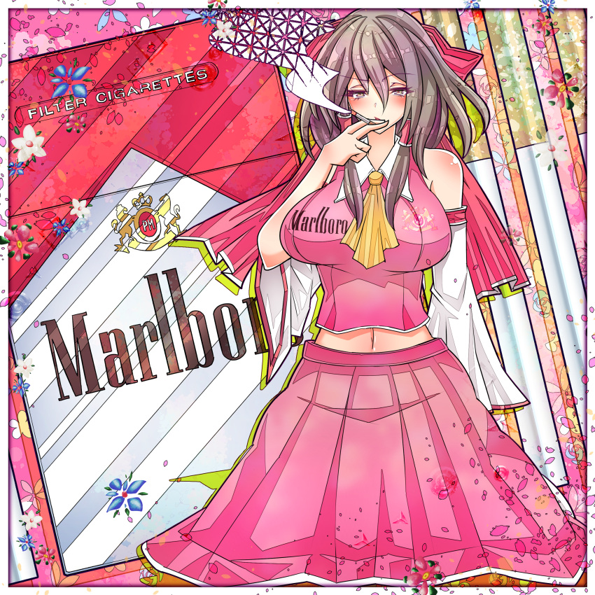 absurdres breasts brown_hair cigarette english_text falling_petals female flower hakurei_reimu highres holding holding_cigarette japanese_clothes marlboro miko navel netgamesennyou7 petals pink_shirt pink_skirt product_girl product_placement shirt skirt smoking solo touhou