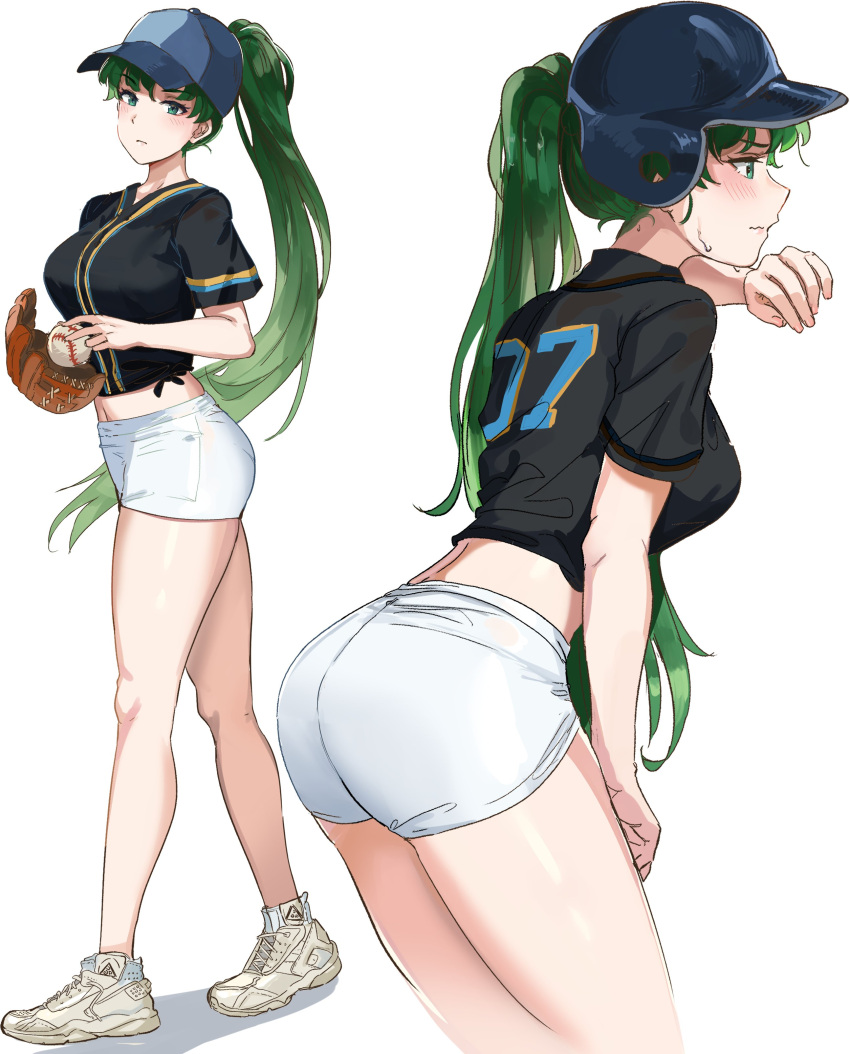 absurdres alternate_costume ass baseball baseball_cap baseball_helmet baseball_mitt baseball_uniform black_shirt blush breasts female fire_emblem fire_emblem:_the_blazing_blade green_eyes green_hair hat helmet highres large_breasts legs long_hair looking_at_viewer lyn_(fire_emblem) midriff multiple_views navel ormille ponytail shirt shorts sportswear sweat thighs very_long_hair white_background white_shorts