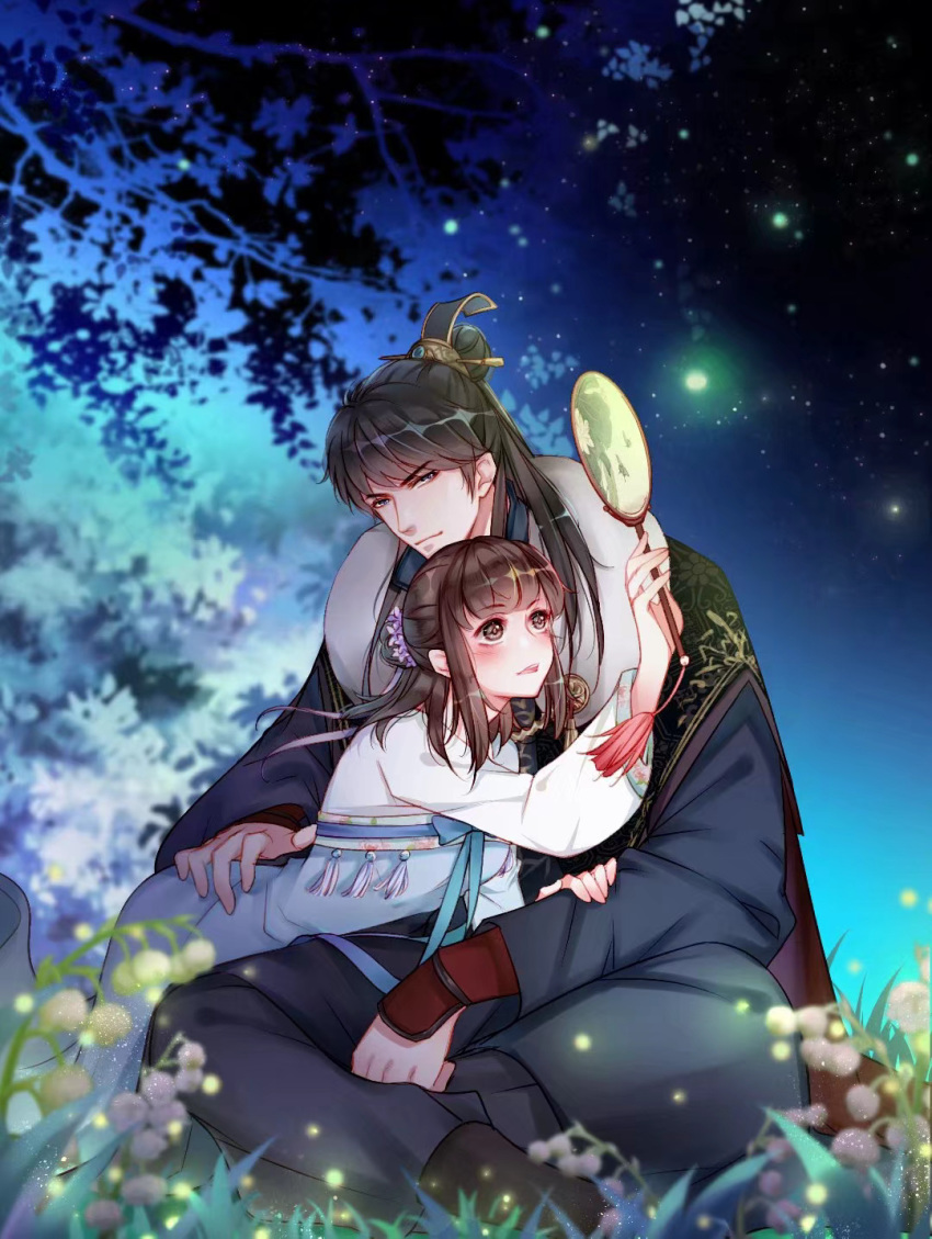 1boy altair_(star) black_footwear black_hair blurry blurry_foreground brown_hair crossed_ankles deneb_(star) female flower grass hair_bun hair_flower hair_ornament hair_stick hand_mirror hand_on_another's_back highres holding holding_mirror leaning_forward li_zeyan lily_of_the_valley long_hair long_sleeves love_and_producer mirror night outdoors protagonist_(love_and_producer) qixi_festival rong_nage_rong sidelocks single_hair_bun sitting summer vega_(star) white_flower