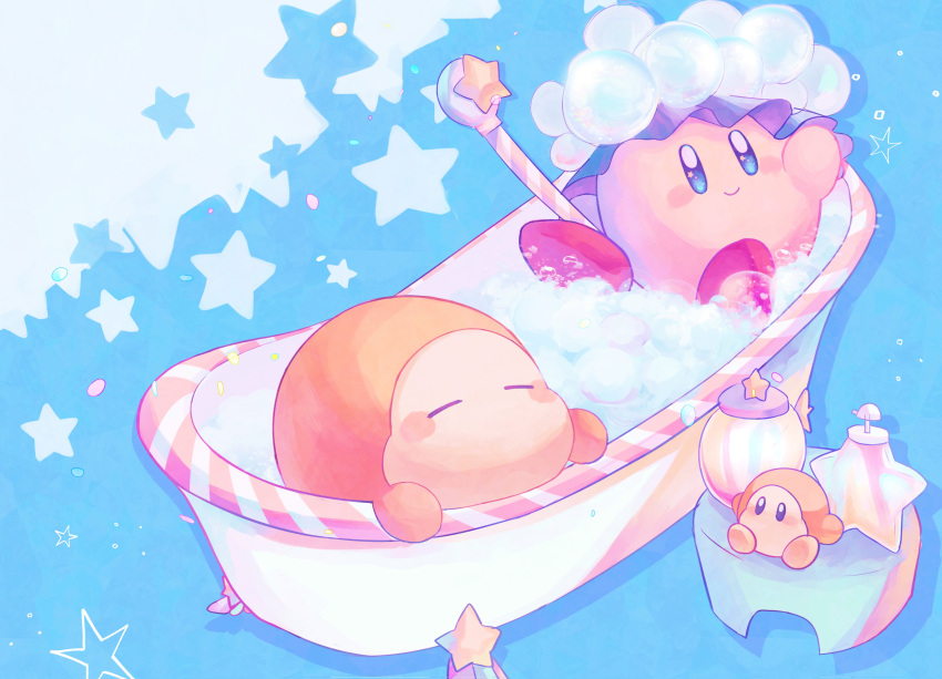 absurdres bath bathing bathtub blue_background blue_eyes bubble claw_foot_bathtub closed_eyes closed_mouth commentary_request doll frills highres kirby kirby_(series) relaxing shampoo_bottle shower_cap slipper_bathtub smile spread_legs star_(symbol) star_print vul3hl0smteyk1z waddle_dee wand