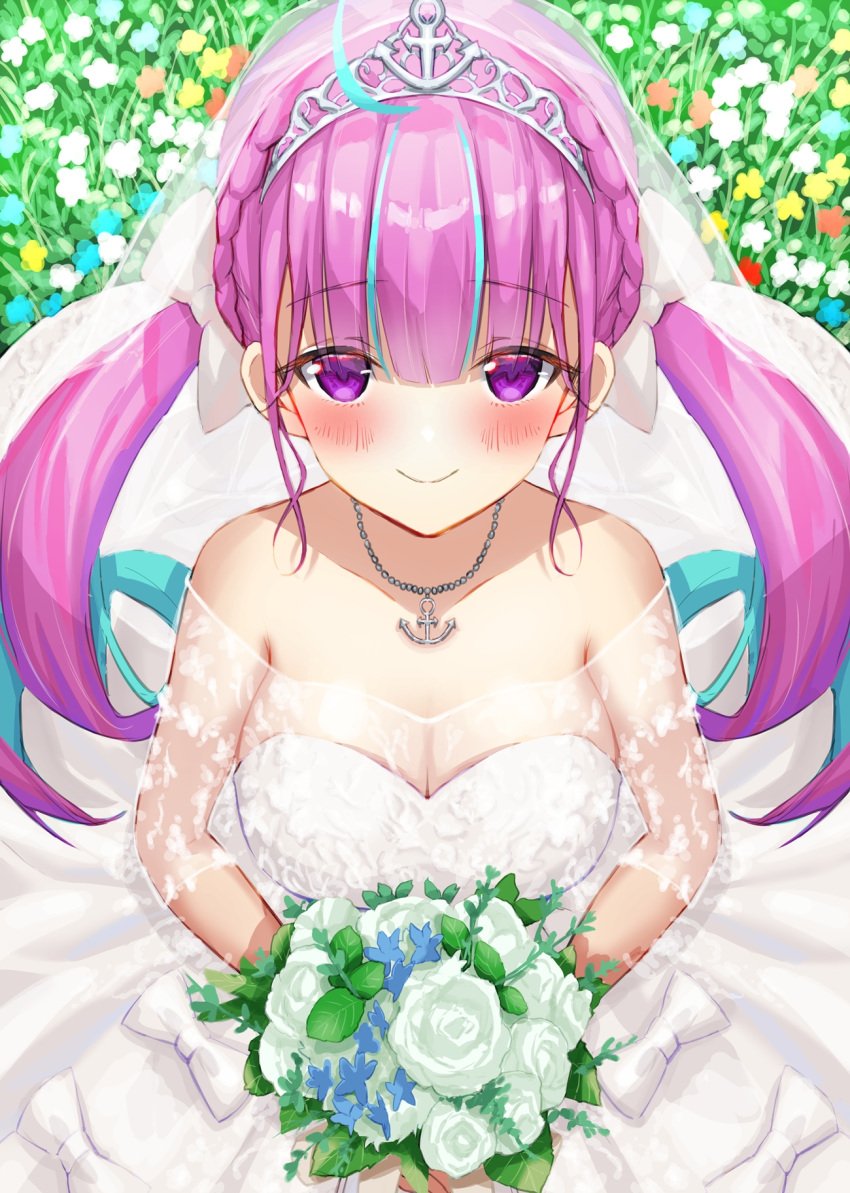 ahoge alternate_costume anchor_necklace black_skirt blue_hair blunt_bangs blush bouquet braid breasts bridal_veil bride cleavage colored_inner_hair commentary dress drill_hair female flower french_braid highres holding holding_bouquet hololive jewelry long_hair looking_at_viewer medium_breasts minato_aqua multicolored_hair necklace purple_eyes purple_hair sidelocks skirt solo strapless strapless_dress streaked_hair tarunyan twin_braids twin_drills twintails two-tone_hair veil virtual_youtuber wedding_dress white_dress