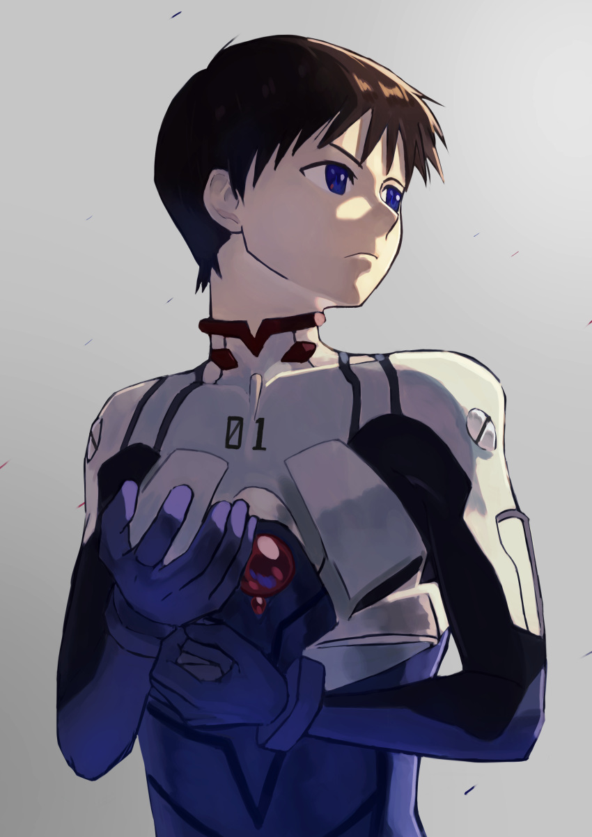 1boy absurdres blue_eyes brown_hair closed_mouth collarbone covered_collarbone gradient_background grey_background hara_kenshi highres ikari_shinji looking_to_the_side male_focus neon_genesis_evangelion plugsuit short_hair simple_background solo turtleneck upper_body