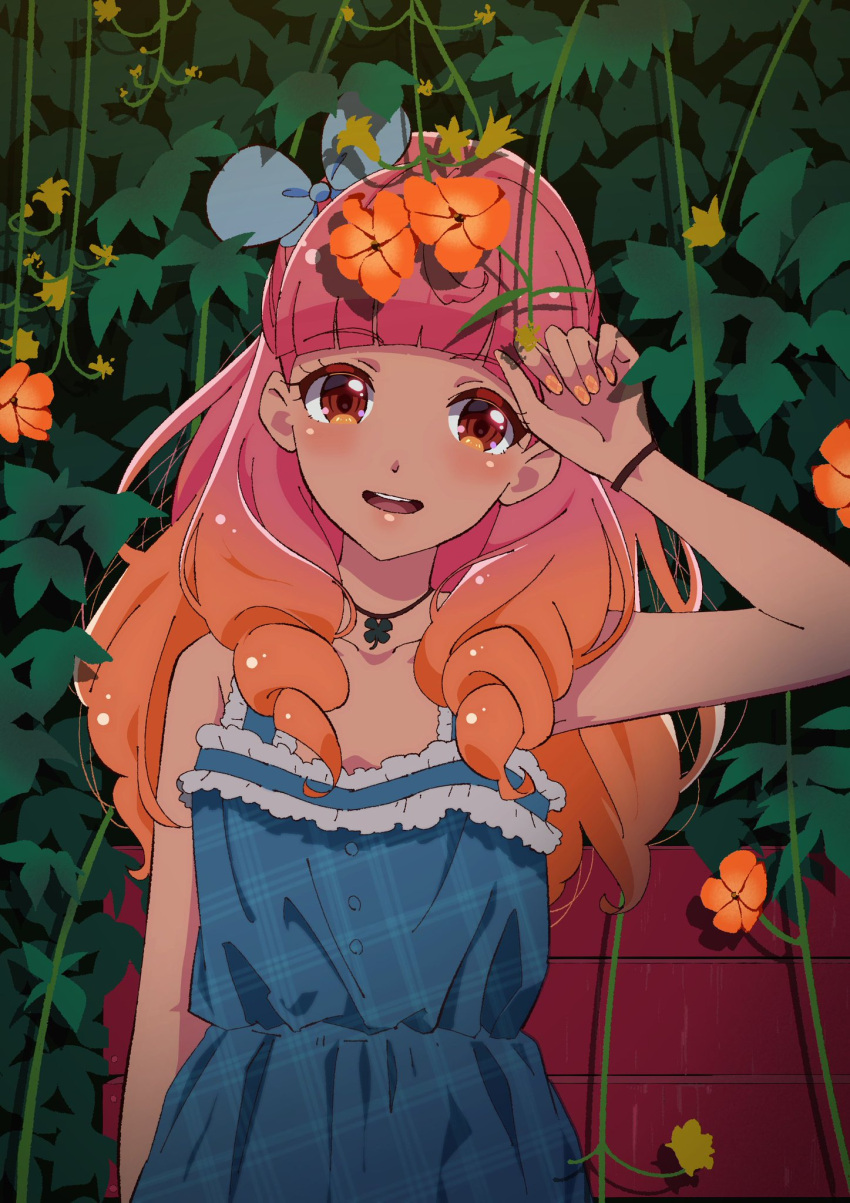 :d aikatsu!_(series) aikatsu_friends! arm_up armpit_peek bad_id bad_pixiv_id bare_shoulders blue_bow blue_dress blunt_bangs bow brown_eyes choker clover diamond_(shape) dress drill_hair female fence flower four-leaf_clover frilled_dress frills gradient_hair hair_over_shoulder highres ivy jasmine_(flower) kaoryu-kun lips long_hair looking_at_viewer multicolored_eyes multicolored_hair nail_polish open_mouth orange_eyes orange_flower orange_hair orange_nails outdoors overgrown petunia_(flower) pink_hair plaid plaid_dress plant round_teeth shadow shiny_skin sleeveless sleeveless_dress smile solo teeth upper_body upper_teeth_only vines wooden_fence wristband yellow_flower yuki_aine