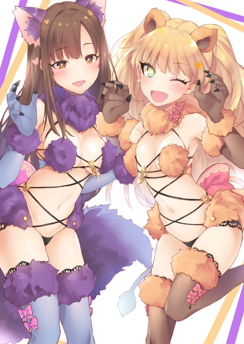 2girls ;d absurdres adapted_costume alternate_color animal_ears bare_shoulders blonde_hair blue_gloves blue_thighhighs blush bow breasts brown_eyes brown_gloves brown_hair brown_legwear claw_pose cleavage cosplay duplicate elbow_gloves eyelashes fate/grand_order fate_(series) fur-trimmed_gloves fur-trimmed_legwear fur_collar fur_trim gloves green_eyes halloween_costume heart highres idolmaster idolmaster_cinderella_girls jougasaki_rika kiyu_rei lace lace-trimmed_legwear lace_trim lion_ears lion_tail long_hair looking_at_viewer mash_kyrielight mash_kyrielight_(dangerous_beast) mash_kyrielight_(dangerous_beast)_(cosplay) matching_outfits medium_breasts mizumoto_yukari multiple_girls navel o-ring oerba_yun_fang one_eye_closed open_mouth pink_bow pixel-perfect_duplicate purple_tail revealing_clothes small_breasts smile sparkle tail thighhighs thighs two_side_up white_background wolf_ears wolf_tail