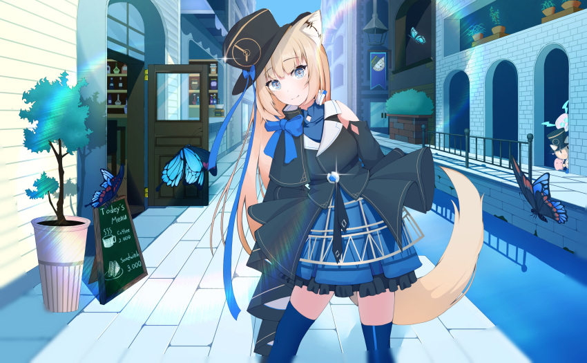 absurdres animal_ear_fluff animal_ears blonde_hair blue_dress blue_eyes blunt_bangs bow capelet clock clock_hands clock_pendant detached_sleeves dress female fox_ears fox_girl fox_tail hat highres layered_dress long_hair prism_project ruby_cubist tail tokimori_aoi virtual_youtuber