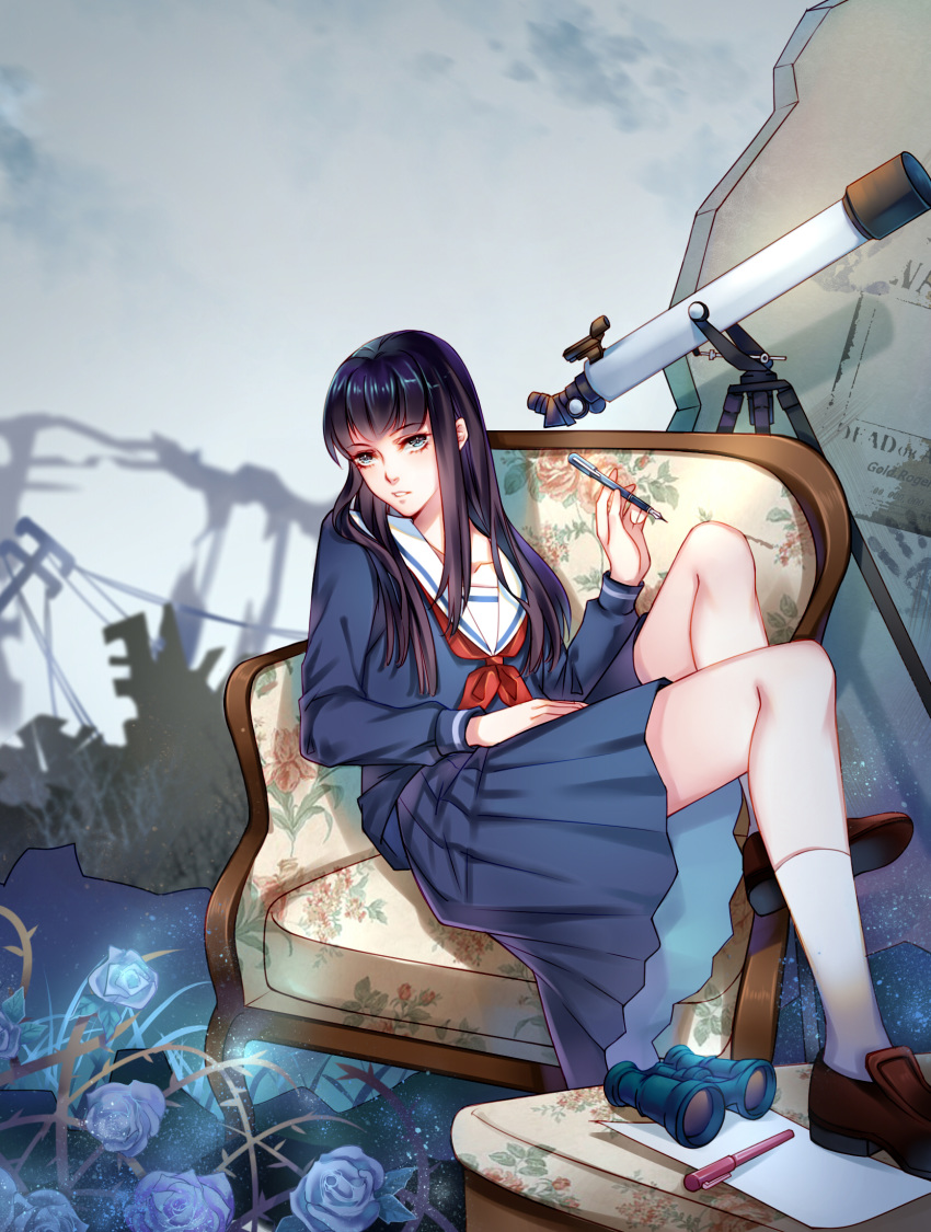 bad_id bad_pixiv_id binoculars black_hair blue_eyes blue_skirt brown_footwear chair copyright_request female flower footstool highres holding holding_pen long_hair long_sleeves looking_at_viewer outdoors parted_lips pen photoshop_(medium) rong_nage_rong school_uniform sitting skirt solo telescope uniform