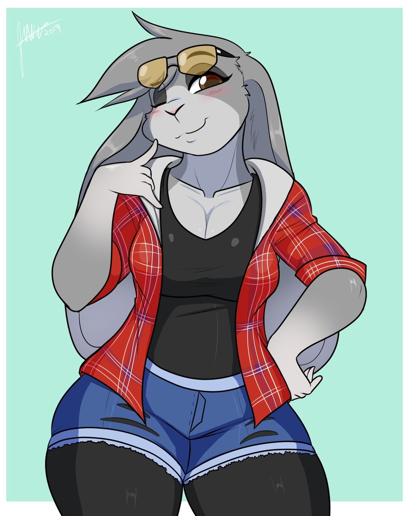 4:5 anthro blush bottomwear breasts cleavage clothed clothing eyewear eyewear_on_head female flannel hi_res hotpants jwinkz lagomorph leporid mammal one_eye_closed rabbit shorts solo sunglasses sunglasses_on_head torn_clothing wink