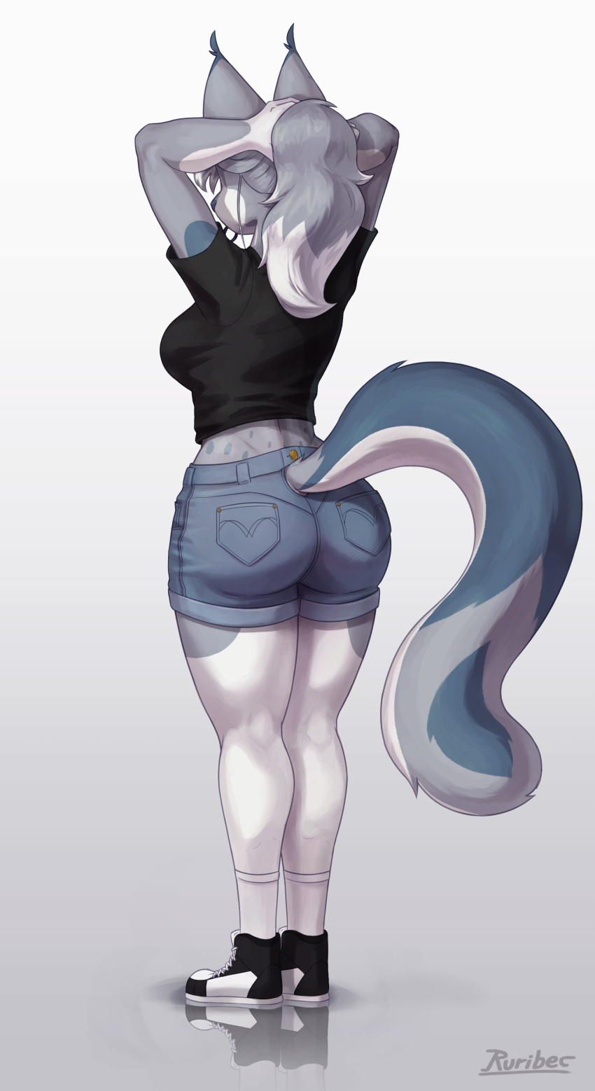 2021 absurd_res anthro ass blue_body blue_fur bottomwear breasts bubble_butt clothed clothing digital_media_(artwork) domestic_cat ear_tuft exposure_variation felid feline felis female footwear fully_clothed fur grey_body grey_fur grey_hair hair hi_res kelly_(ruribec) mammal markings midriff multicolored_body multicolored_fur rear_view ruribec shaded shirt shoes shorts signature simple_background solo somali_cat spots spotted_body spotted_fur standing topwear tuft white_background white_body white_fur