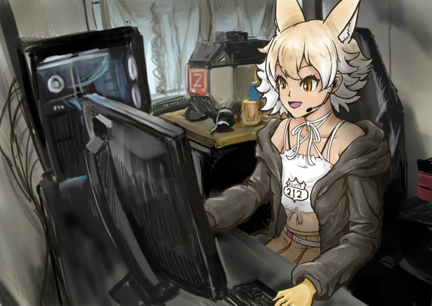 animal_ear_fluff animal_ears computer computer_tower coyote_(kemono_friends) evyngr female gloves kemono_friends kemono_friends_v_project microphone multicolored_hair necktie open_mouth shirt sitting skirt smile solo tail virtual_youtuber wolf_ears wolf_tail