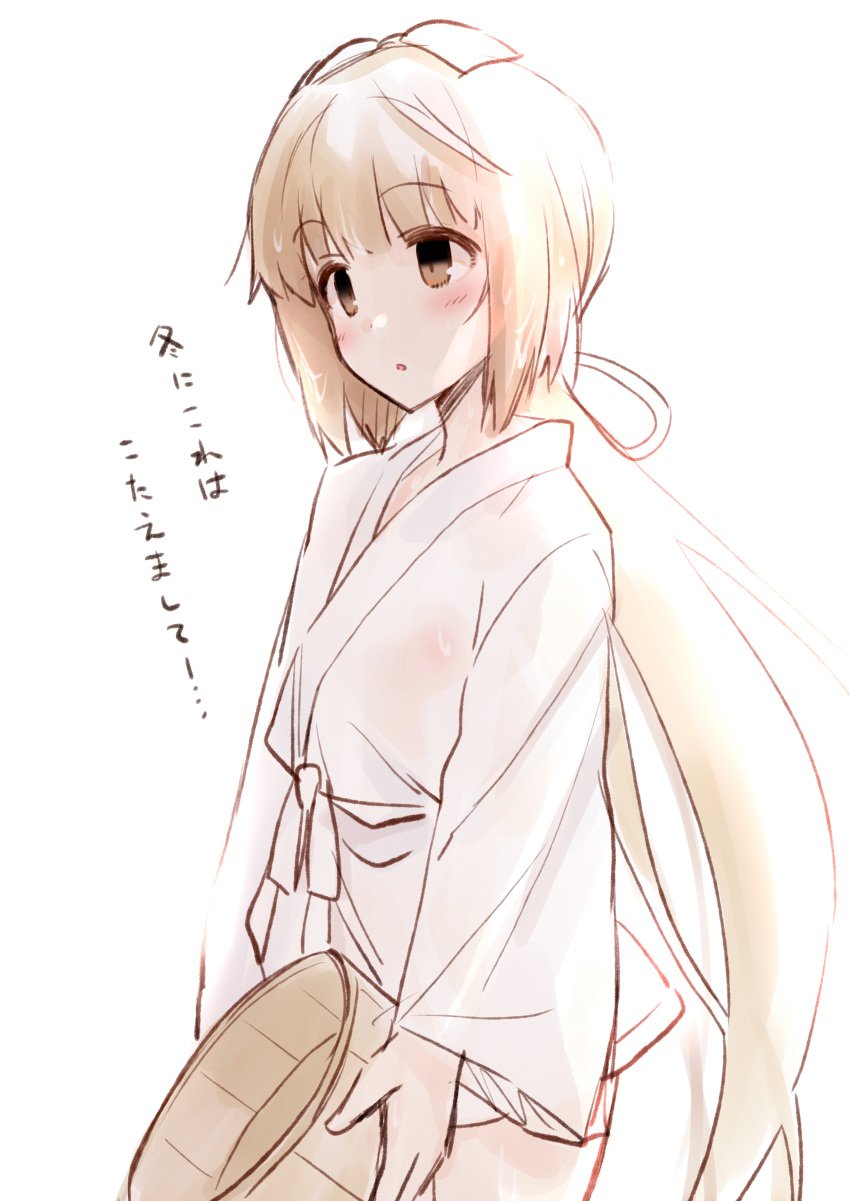 absurdres backlighting bathrobe blush bow breasts brown_eyes brown_hair bucket female hairbow highres idolmaster idolmaster_cinderella_girls kiyu_rei long_hair long_sleeves low_ponytail open_mouth simple_background solo translated very_long_hair white_background white_bow wide_sleeves wooden_bucket yorita_yoshino