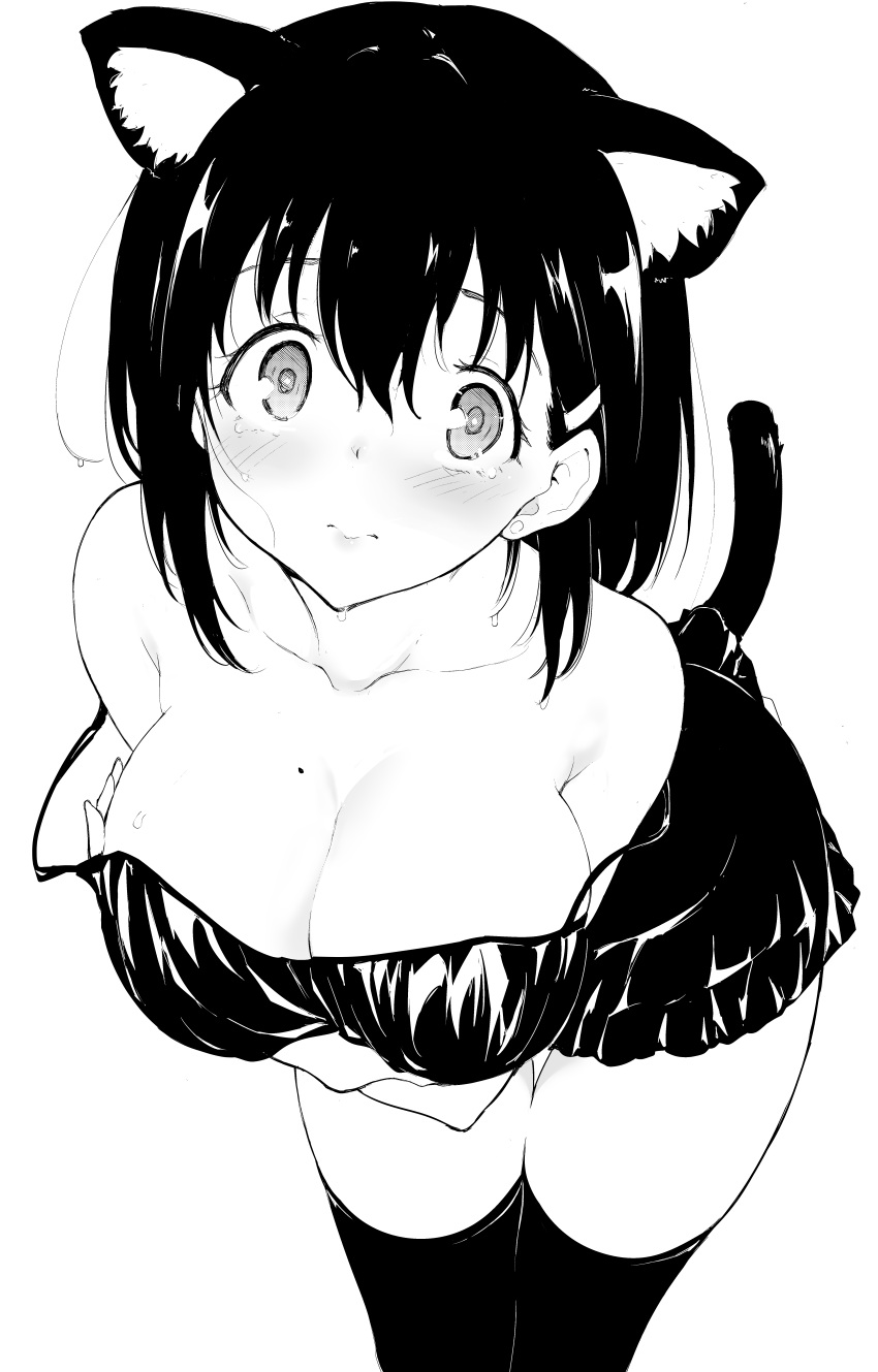 absurdres animal_ears bare_shoulders blush breasts cat_ears cat_tail chemise cleavage collarbone cowboy_shot extra_ears female greyscale hair_ornament hairclip highres hoshizuki_suzu kaede_to_suzu kyokucho large_breasts lingerie looking_away mole mole_on_breast monochrome off_shoulder short_hair solo spaghetti_strap tail tearing_up thighhighs underwear