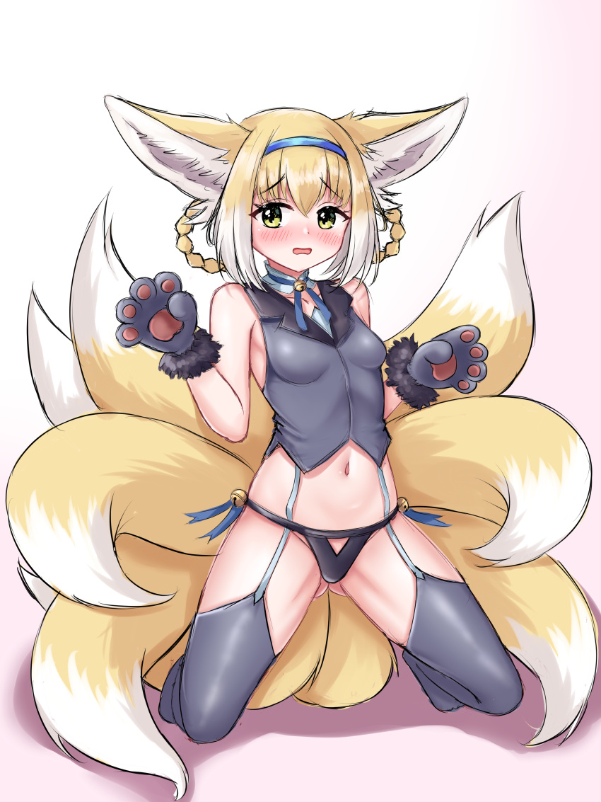 absurdres animal_ear_fluff animal_ears animal_hands arknights ass_visible_through_thighs bare_shoulders bell blonde_hair blush breasts collarbone commentary_request cosplay fate/kaleid_liner_prisma_illya fate_(series) female fox_ears fox_girl fox_tail full_body fur-trimmed_gloves fur_trim garter_straps gloves green_eyes grey_gloves grey_shirt grey_thighhighs hair_between_eyes highres jingle_bell kitsune kneeling kyuubi miyu_edelfelt miyu_edelfelt_(beast_style) miyu_edelfelt_(beast_style)_(cosplay) multicolored_hair multiple_tails navel nose_blush open_mouth paw_gloves rylaera shirt sleeveless sleeveless_shirt small_breasts solo suzuran_(arknights) tail thighhighs two-tone_hair wavy_mouth white_hair