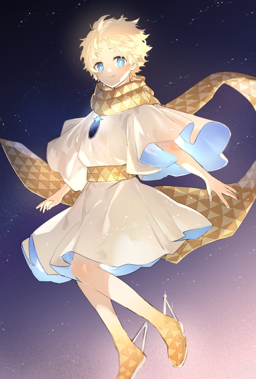 1boy blonde_hair blue_eyes closed_mouth commentary fate/requiem fate_(series) feet_out_of_frame fingernails floating highres looking_at_viewer male_focus protected_link scarf short_hair smile solo starry_background tunic voyager_(fate) voyager_(first_ascension)_(fate) yellow_scarf yunkru