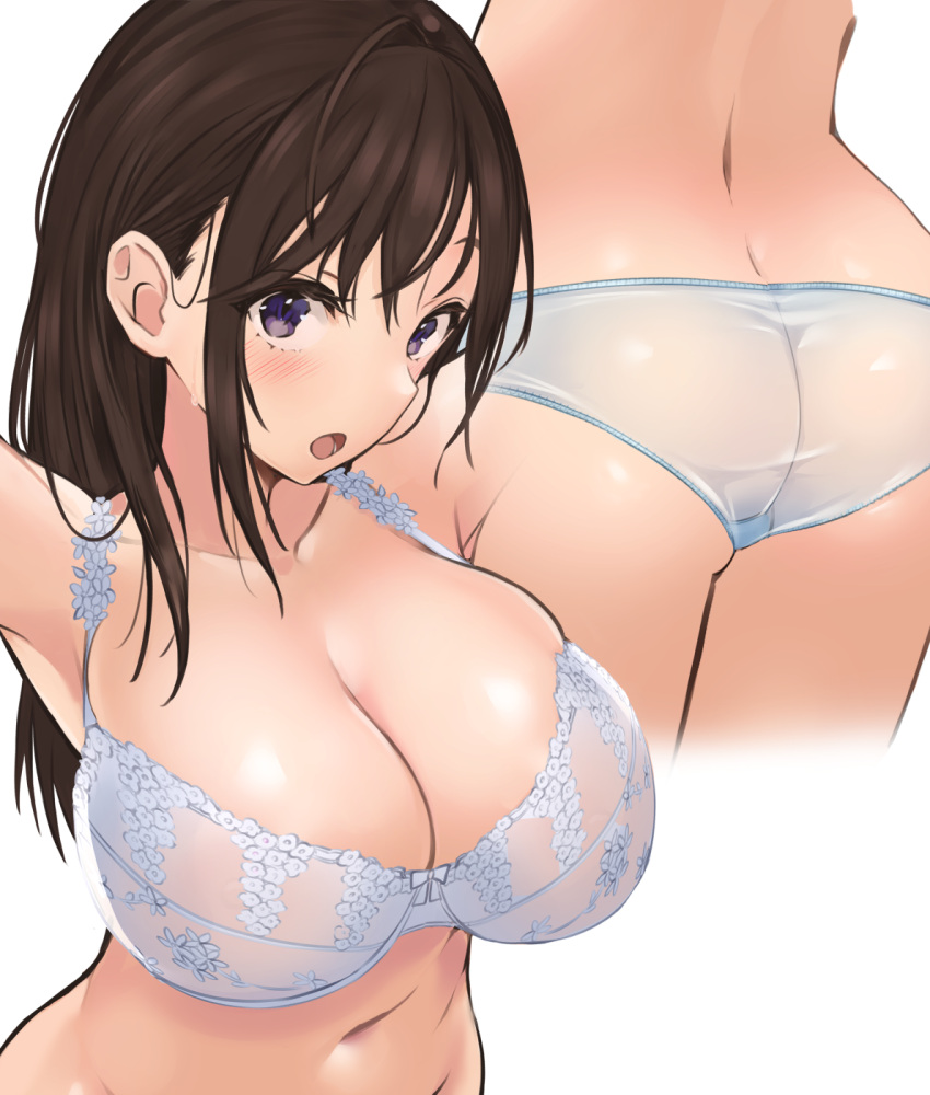 ass bad_multiple_views blue_bra blue_panties blush bra breasts brown_hair cleavage commentary_request female highres huge_breasts long_hair mappaninatta multiple_views navel open_mouth original panties purple_eyes shiny_skin sidelocks standing sweatdrop underwear underwear_only