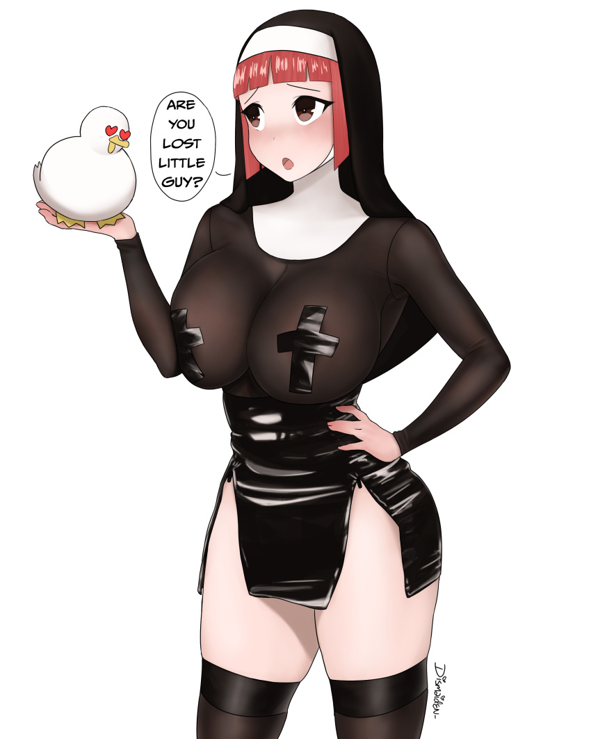 absurdres aki-chan_(dismaiden) animal areola_slip bird blunt_bangs bob_cut breasts commentary_request cowboy_shot cross_pasties dismaiden duck english_text female habit hand_on_own_hip heart heart-shaped_eyes highres holding holding_animal impossible_clothes impossible_shirt large_breasts miniskirt nun open_mouth original pasties raised_eyebrows shirt signature skindentation skirt solo tape tape_on_nipples thighhighs