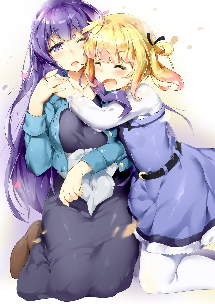 2girls arm_around_neck belt blonde_hair blunt_bangs breasts buttons closed_eyes collarbone collared_shirt dress girlish_number highres hug kneeling large_breasts long_skirt multiple_girls one_eye_closed open_mouth purple_eyes purple_hair shibasaki_kazuha shirt shoes shuffle_(songdatiankong) simple_background skirt smile sonou_momoka white_background white_legwear yuri