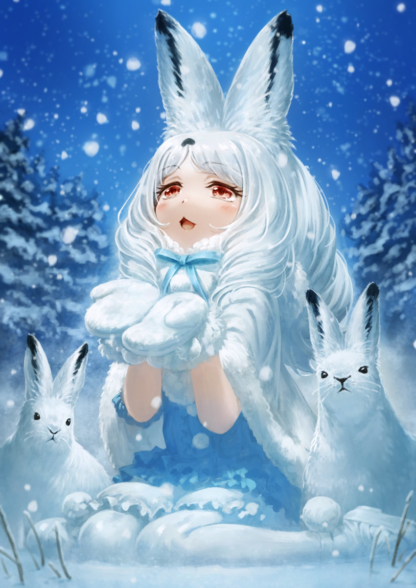 :3 :d animal animal_ear_fluff animal_ears arctic_hare_(kemono_friends) capelet commentary creature_and_personification female full_body fur-trimmed_capelet fur_trim highres kemono_friends long_hair looking_up mittens open_mouth outdoors oyu_udon pantyhose rabbit rabbit_ears red_eyes sitting smile snow snowing solo wariza white_capelet white_hair white_mittens white_pantyhose