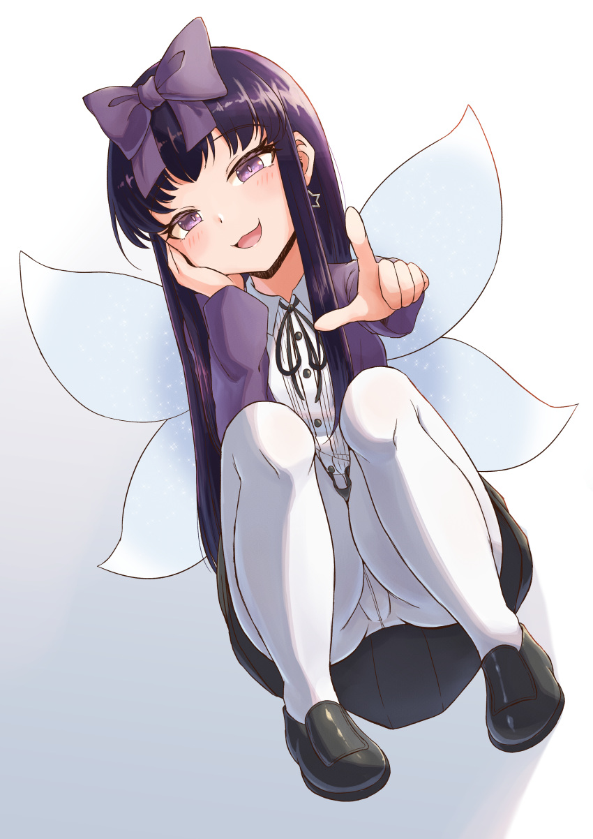 absurdres black_footwear black_hair black_ribbon black_skirt blush bow breasts collared_shirt commentary cookie_(touhou) earrings fairy fairy_wings female full_body hairbow head_rest highres jacket jewelry long_hair looking_at_viewer neck_ribbon open_mouth pantyhose pleated_skirt pointing pointing_at_viewer purple_bow purple_eyes purple_jacket ribbon shirt shoes shunga_youkyu sidelocks skirt small_breasts solo squatting star_(symbol) star_earrings star_sapphire touhou tsugumi_amon white_pantyhose white_shirt wings