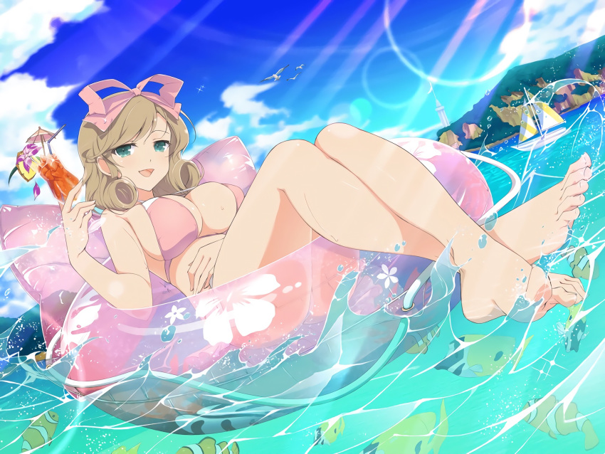 :d animal bad_id bad_twitter_id barefoot bikini bird blue_sky boat bow breasts butterflyfish cleavage cloud clownfish cocktail cocktail_umbrella crossed_ankles cup day drinking_glass feet female fish flower_(symbol) full_body green_eyes hairbow haruka_(senran_kagura) highres hurricane_glass innertube large_breasts legs_together lens_flare light_brown_hair lighthouse looking_at_viewer ocean official_art open_mouth outdoors pink_bikini pink_bow sailboat seagull senran_kagura senran_kagura_new_link short_hair sky smile solo splashing sunlight swept_bangs swim_ring swimsuit tropical_fish water watercraft yaegashi_nan