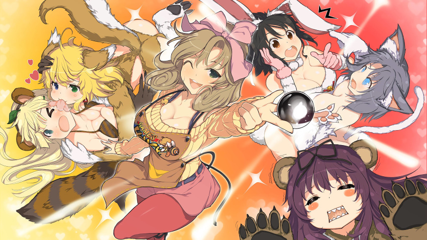 >_o 6+girls :3 :d :o ^^^ absurdres ahoge animal_costume animal_ears animal_hands apron ass asuka_(senran_kagura) ball bare_shoulders bear_costume bear_ears bear_paws bell bikini black_hair black_ribbon blonde_hair blue_eyes blush bow breasts cat_ears cat_paws cat_tail cleavage closed_eyes collarbone detached_collar dog_ears dog_paws dog_tail fake_animal_ears gloves gradient_background green_eyes grey_hair hair_ornament hair_ribbon hairbow hairclip haruka_(senran_kagura) heart heterochromia highres large_breasts leaf leaf_on_head licking licking_another's_cheek licking_another's_face long_hair long_sleeves looking_at_viewer medium_hair multiple_girls murasaki_(senran_kagura) official_art one_eye_closed open_mouth pants pink_bow playboy_bunny pointing pointing_at_another ponytail purple_hair rabbit_ears rabbit_tail raccoon_ears raccoon_tail ribbon ryouna_(senran_kagura) senran_kagura senran_kagura_peach_ball short_hair simple_background smile spaghetti_strap sparkle sweater swimsuit tail tongue v yaegashi_nan yellow_sweater yomi_(senran_kagura) yumi_(senran_kagura)