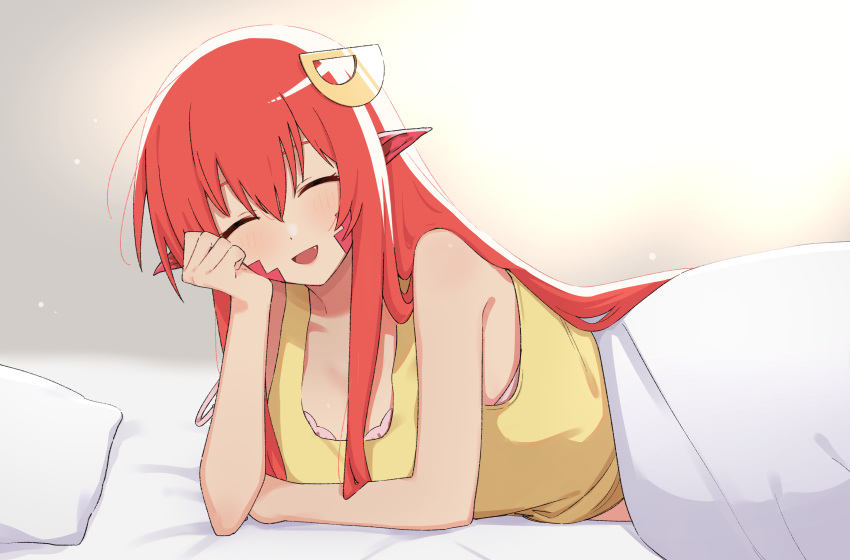 absurdres blush bra breasts closed_eyes commission commissioner_upload facing_viewer female hair_between_eyes hair_ornament highres indoors long_hair medium_breasts miia_(monster_musume) monster_musume_no_iru_nichijou non-web_source oerba_yun_fang open_mouth pillow pink_bra pointy_ears red_eyes red_hair red_scales scales shirt skeb_commission smile solo strap_slip suika_aji under_covers underwear very_long_hair yellow_shirt