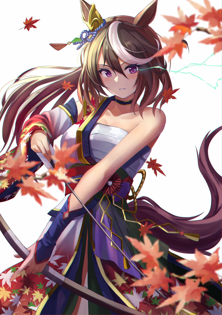 absurdres animal_ears arrow_(projectile) autumn_leaves bare_shoulders bow bow_(weapon) breasts brown_hair chakuma_(yiyh1468) chest_sarashi choker collar commentary_request elbow_gloves eye_trail female gloves hadanugi_dousa highres horse_ears horse_girl horse_tail japanese_clothes kimono leaf light_trail looking_at_viewer official_alternate_costume purple_eyes sarashi single_vambrace solo symboli_rudolf_(archer_of_the_white_moon)_(umamusume) symboli_rudolf_(umamusume) tail umamusume vambraces weapon white_background white_hair