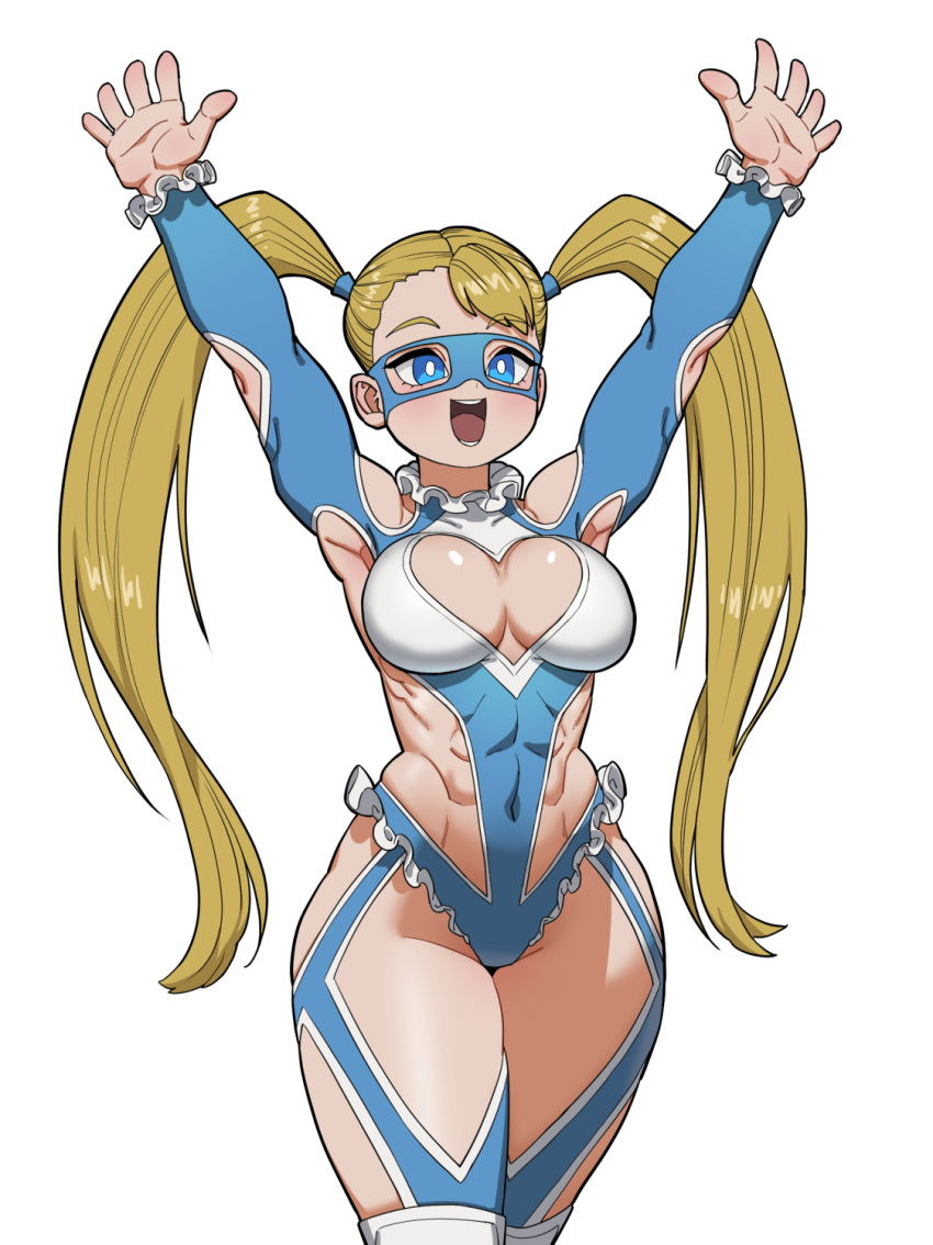 :d abs arms_up blonde_hair blue_eyes blue_leotard breasts clothing_cutout cowboy_shot domino_mask elbow_cutout female frills hair_pulled_back heart_cutout highres large_breasts leotard long_hair looking_at_viewer mask open_mouth rainbow_mika shoulder_cutout simple_background sincostan0148 smile solo standing street_fighter street_fighter_v toned twintails white_background wrestler wrestling_mask wrestling_outfit