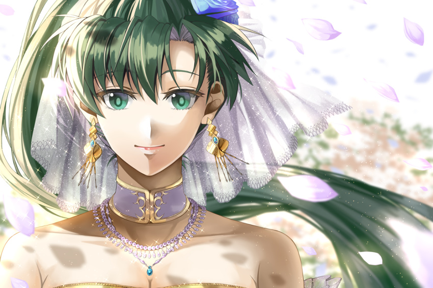 asymmetrical_bangs bare_shoulders bead_necklace beads blurry blurry_background breasts bridal_veil cleavage closed_mouth collarbone commentary day delsaber dress earrings eyelashes female fire_emblem fire_emblem:_the_blazing_blade fire_emblem_heroes flower green_eyes green_hair hair_between_eyes hair_flower hair_ornament jewelry lips long_hair looking_at_viewer lyn_(bridal)_(fire_emblem) lyn_(fire_emblem) necklace off-shoulder_dress off_shoulder parted_bangs pendant petals ponytail portrait smile solo sparkle sunlight veil