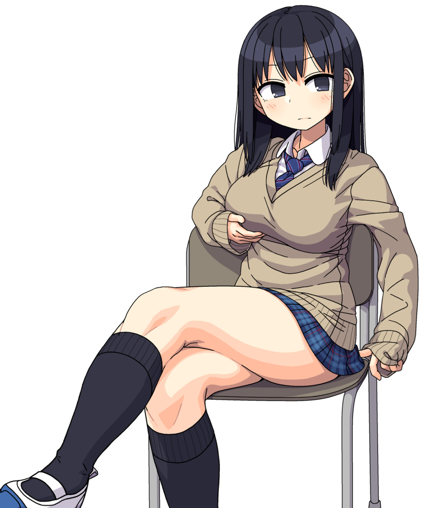 black_eyes black_hair black_socks breast_hold breasts chair crossed_legs female highres kneehighs large_breasts legs long_hair maruput necktie original school_uniform shoes sitting socks solo sweater uwabaki white_background