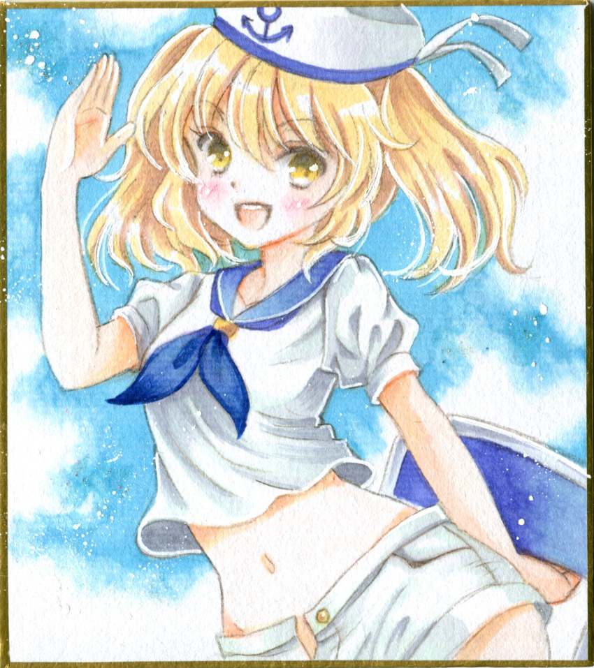 blonde_hair blue_neckwear blue_sailor_collar chains chair commentary_request female folding_chair hajike_akira highres kitashirakawa_chiyuri midriff navel open_fly open_mouth puffy_short_sleeves puffy_sleeves sailor sailor_collar salute shirt short_sleeves shorts solo stomach teeth touhou touhou_(pc-98) traditional_media twintails uniform upper_teeth_only white_shirt white_shorts yellow_eyes